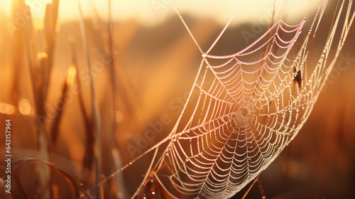 Gentle morning dew on a spider web, macro photography, vivid, soft backlighting, delicate and intricate
