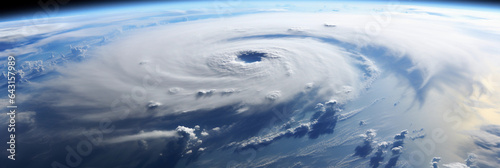 Hurricane viewed from the edge of space, Earth curvature visible, massive swirling cloud formation