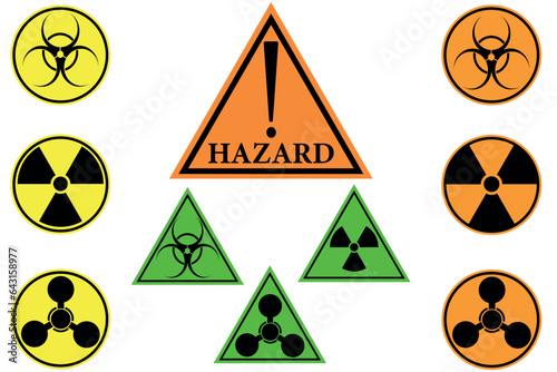 Hazard. Different vector danger signs. Radiation sign, biohazard sign, toxicity sign.Vector illustration