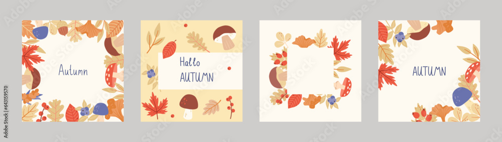 Set childish frame template with floral and forest elements. Suitable for social media posts. Vector autumn background.
