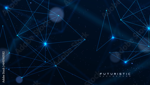 Dark background with plexus lines. Abstract tech network connection dots. Futuristic scientific wallpaper with mesh. Digital technology and big data analysis illustration