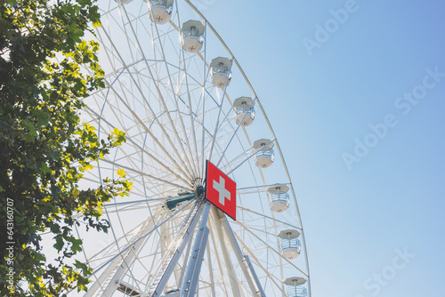 Low angle view of the panoramic wheel of Geneve, Swizterland. Copy space