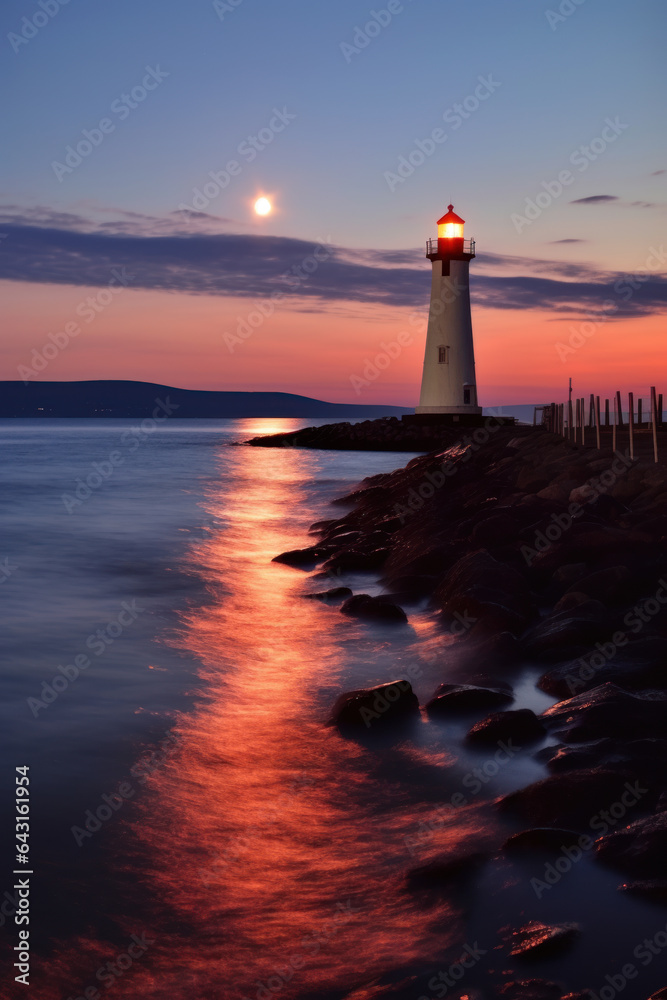 Old lighthouse at sunset on the seashore.