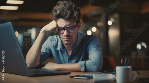 Frustrated businessman with head in hands at desk