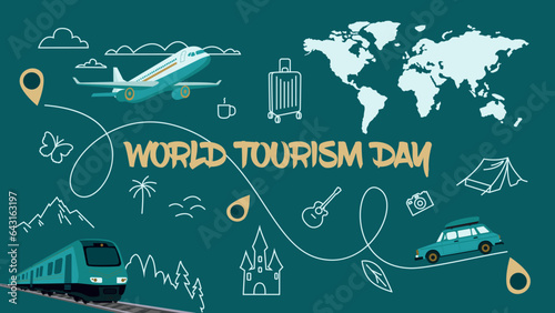 World tourism day. A poster with an image of an airplane, a train and a car.