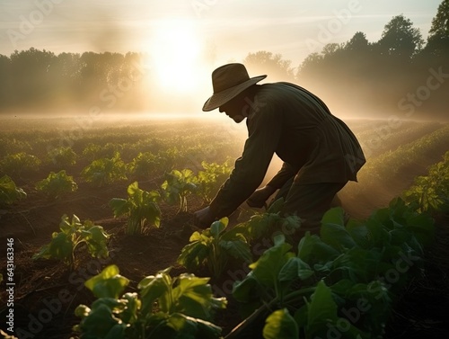 Skilled farmer tending to a sunlit field of young crops  cultivating the land for a bountiful harvest. Agriculture  hard work  farm life  growth  dedication
