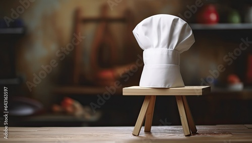 this image shows a white chef's hat sitting next to an easel, in the style of minimalist backgrounds, bokeh, flickr, clever wit, use of fabric, high resolution, jean restout, made with Generative AI photo