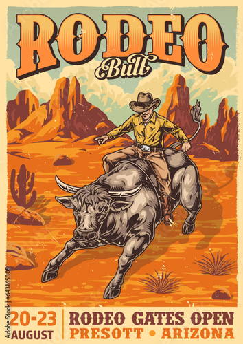Bull rodeo colorful vintage poster