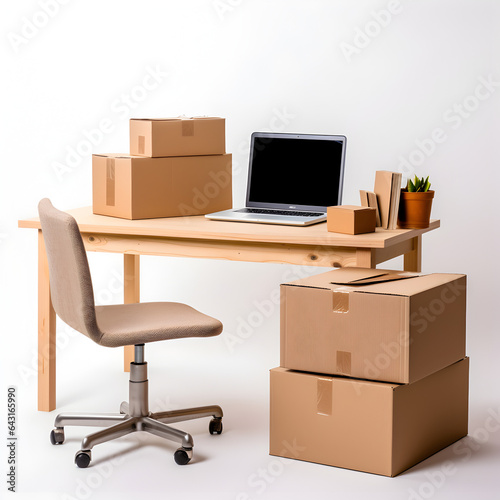 Desk with laptop and shipping boxes isolated with white background. E-commerce and online shopping concept for business.  Generative ai.  © PixelHD