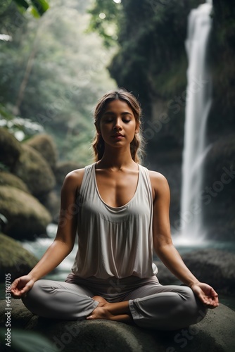 person meditating. Yoga lotus pose. Young Caucasian woman sitting on the stone, meditating, practicing yoga, pranayama at waterfall. Hands in gyan mudra. Yoga retreat. © CG_Lokesh_Stock