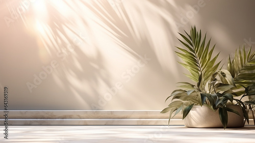 Minimalistic light Marble background blurred foliage shadow on a light wall for Presentation plants palm leafs © MauriceNo