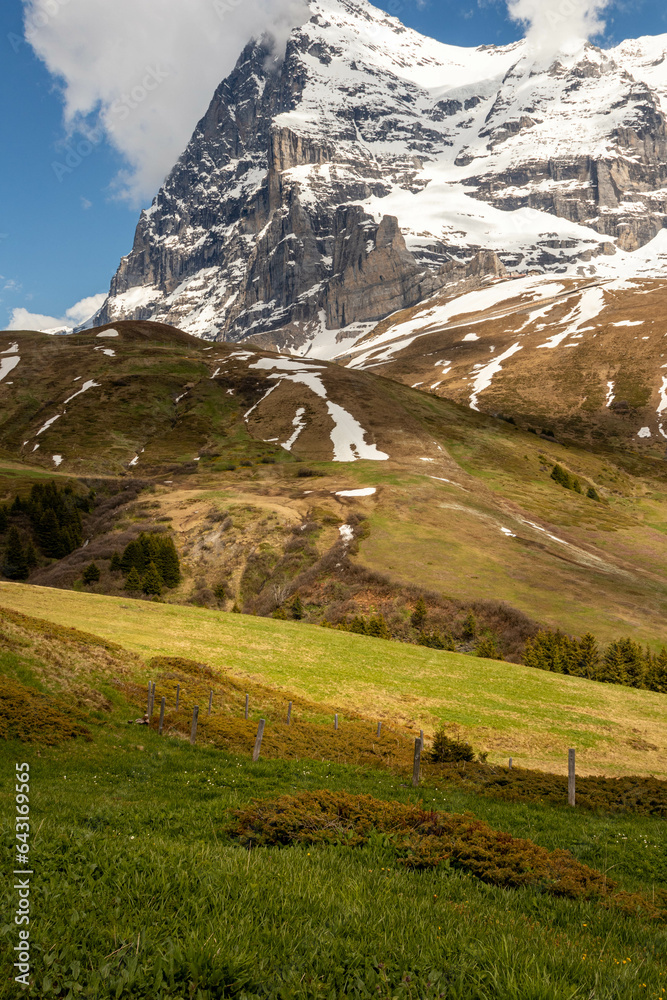 Close Up View of Snow Covered Mountain in the Swiss Alps in the Summer with Clouds in the Background in Switzerland Close Up View of Snow Covered Mountain in the Swiss Alps in the Summer with Clouds in the Background in Switzerland