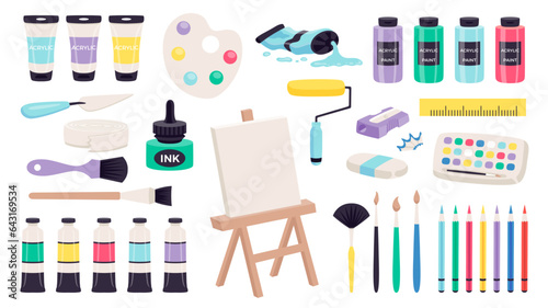 Painting art tools, artist's supplies and accessories: pencils, palette, brushes, easel, canvas, paints, acrylic, watercolor, ink, masking tape, eraser, sharpener, palette knife, paint roller, oil