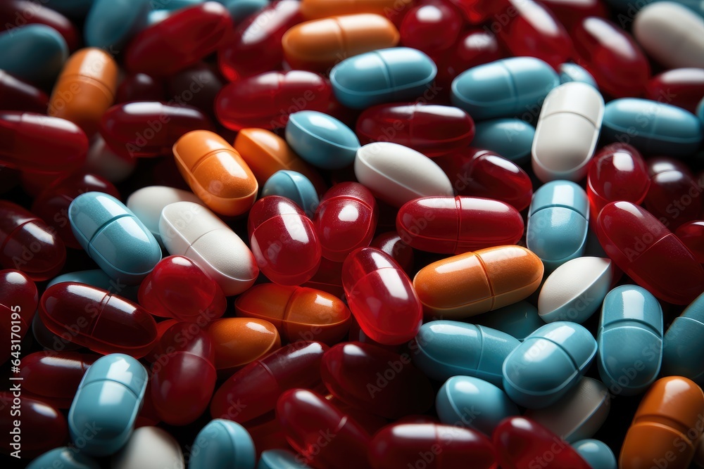 Background of blue, red, orange and white capsules. Pharmacological drugs, banner