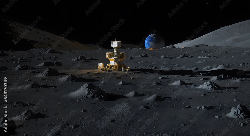Moon Exploration Rover Lunar exploration rover Chandrayaan. Show the rover traversing the moon ...