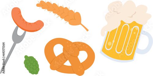 Oktoberfest elements set. Bavarian culture. Beer, pretzel and sausage 