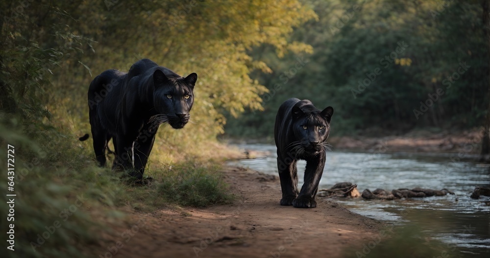 Panther in forest near to river drinking water, more realistic foreground, looking at camera, cute. high shutter speed. wide angle photography. Panther in forest near to river drinking water, more realistic foreground, looking at camera, cute. high shutter speed. wide angle photography.