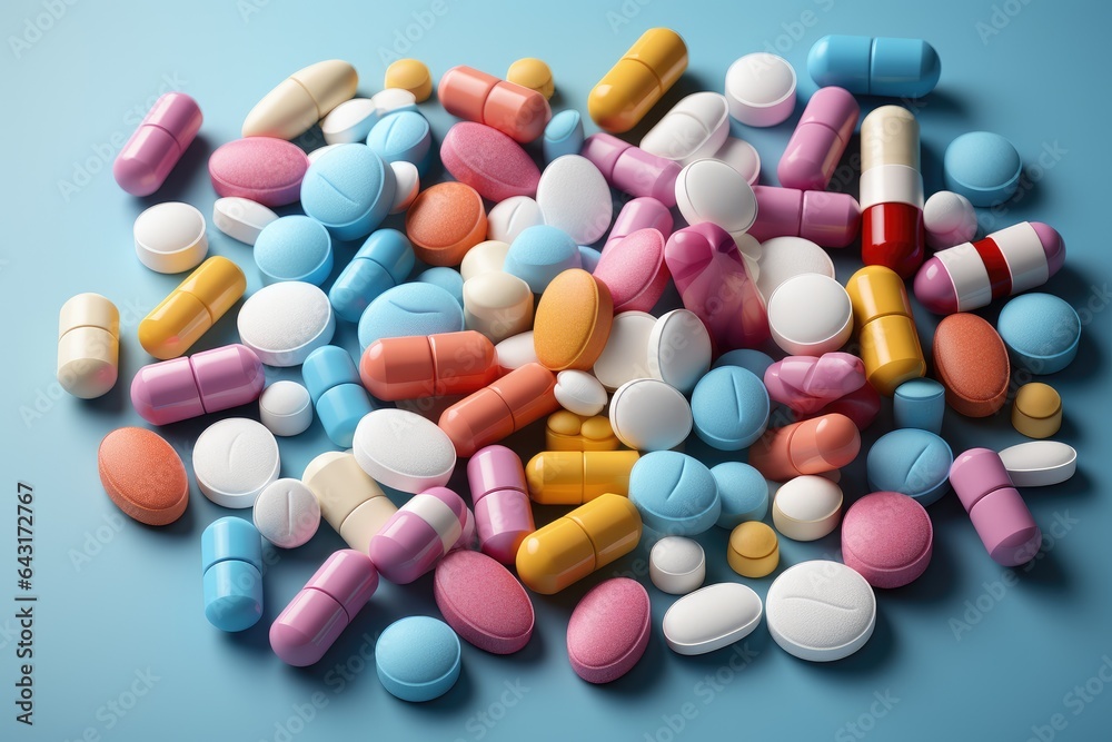 Multi-colored capsules and tablets lie on the side of a blue background. Dietary supplements