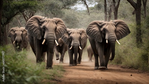 African elephants running in forest towards camera, more realistic foreground, at high shutter speed. Wildlife Animal, mammal, safari, trunk, wild, nature.