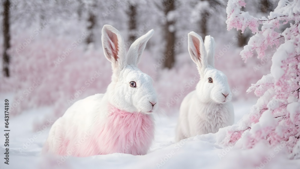 Obraz premium two rabbits in the snow winter forest, its fur blending with the snow while its pink eyes stand out. The forest around it is draped in a soft blanket of snow. wallpaper 4k.