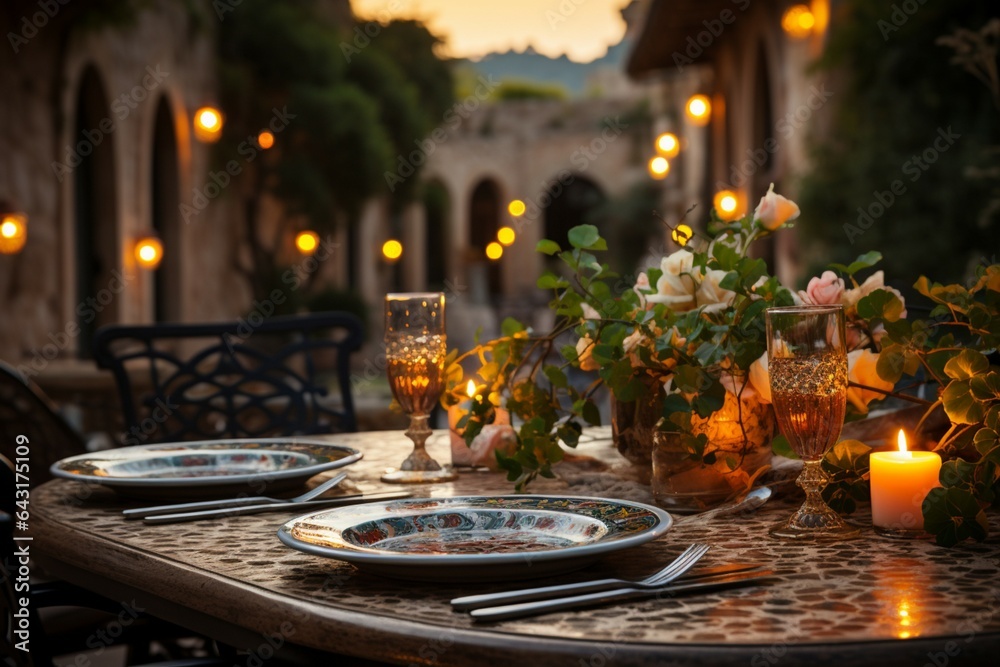 A Mediterranean dining experience Dinner table set outdoors in a charming setting