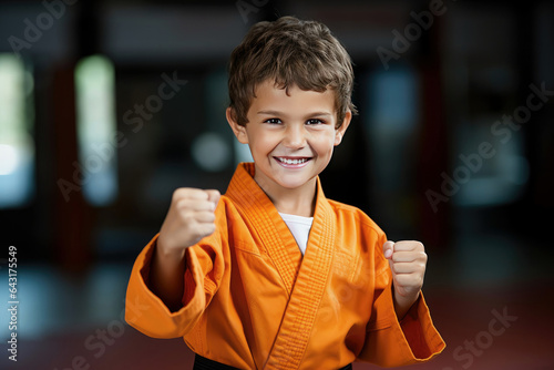 Junge in orangefarbenen Kampfsportanzug trainiert lächelnd in der Kampfsportschule für Kinder, sportliche Entwicklung beim Kampfsportunterricht, erlernen von Koordination und Selbstvertrauen photo