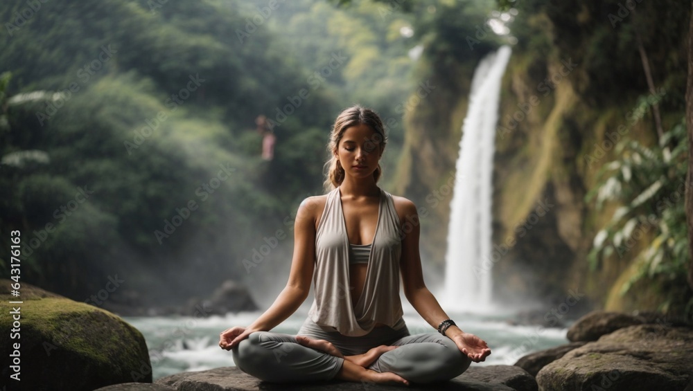 yoga in the lotus position. Yoga lotus pose. Young Caucasian woman sitting on the stone, meditating, practicing yoga, pranayama at waterfall. Hands in gyan mudra.