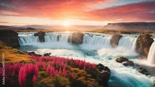 waterfall at sunset. summer morning scene on Waterfall. Colorful sunrise  river  Iceland  Europe. Beauty of nature concept background wallpaper 4k.