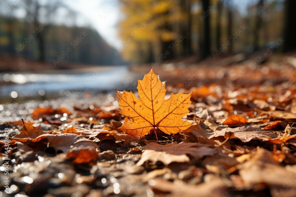 Selective focus on fallen leaves, creating an autumnal tapestry on the path