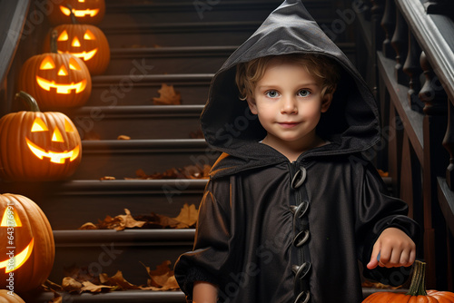 Halloween holidays or festival concept. Children with Halloween costumes in Halloween theme background with copy space. Generative AI
