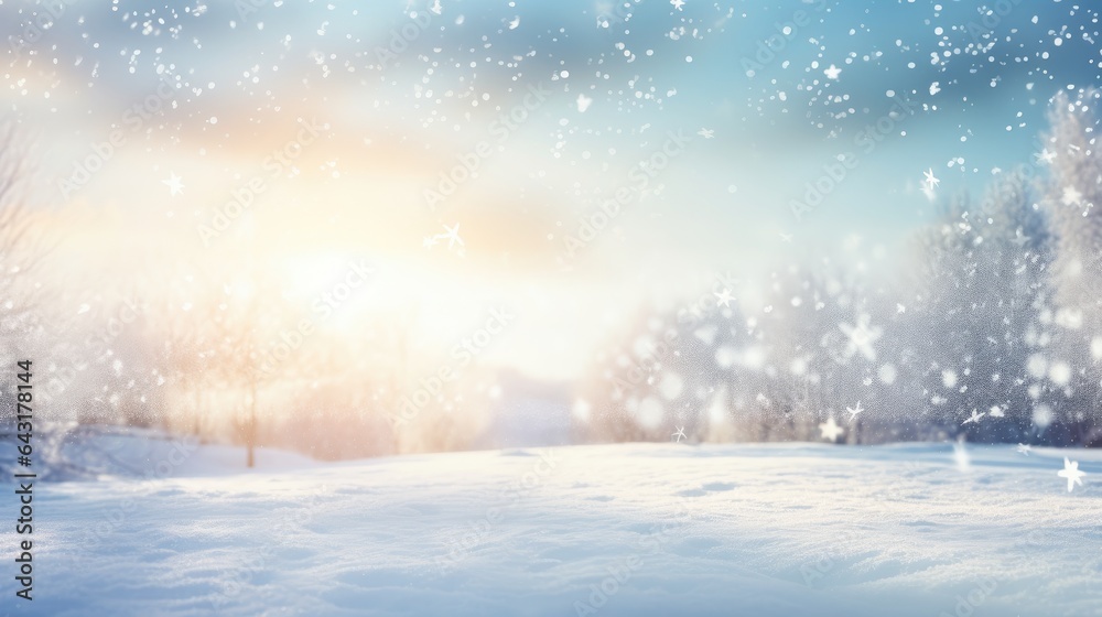 Winter landscape in the forest at sunset and with falling snow