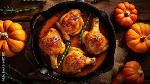 chicken thighs in a cast iron skill pan on a rustic wooden table with pumpkins and mini gourds