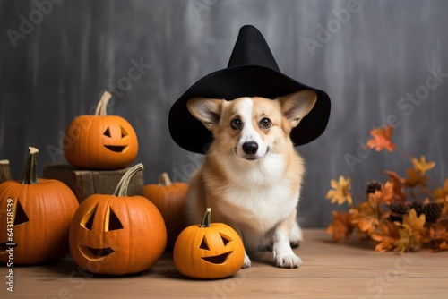 a funny corgi dog puppy in a black Halloween witch hat sitting with a pumpkin © Inna