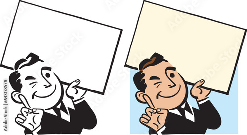 A vintage retro cartoon of a businessman holding up a blank sign and pointing to it. 