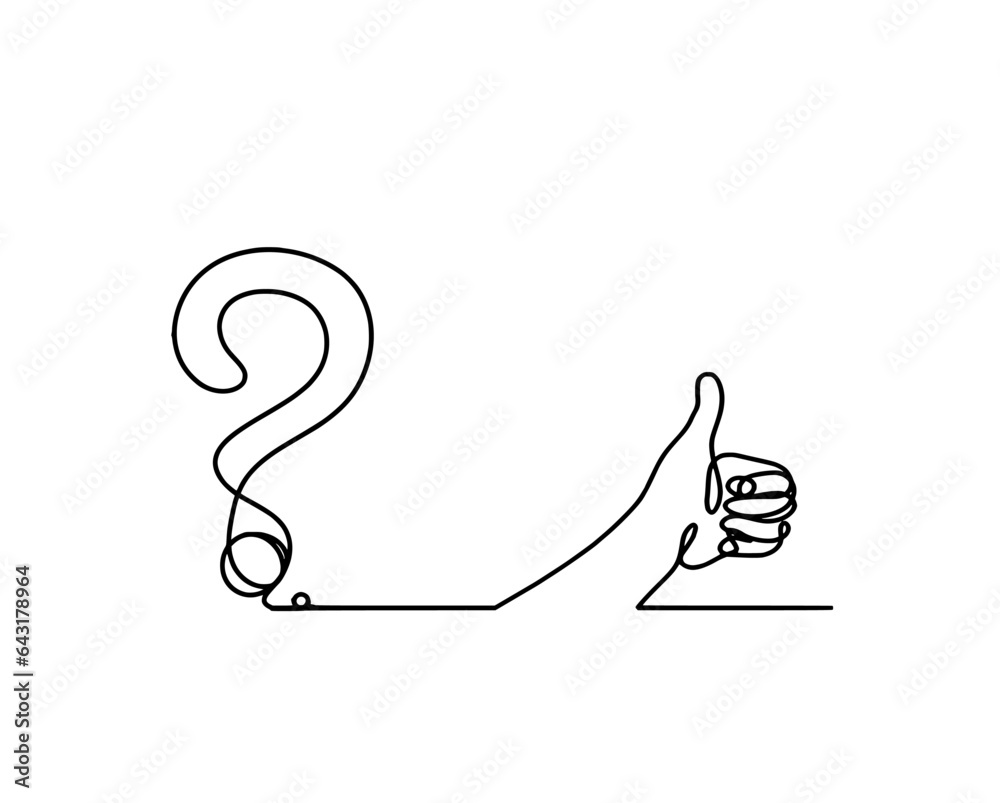 Abstract question mark with hand as continuous lines drawing on white ...