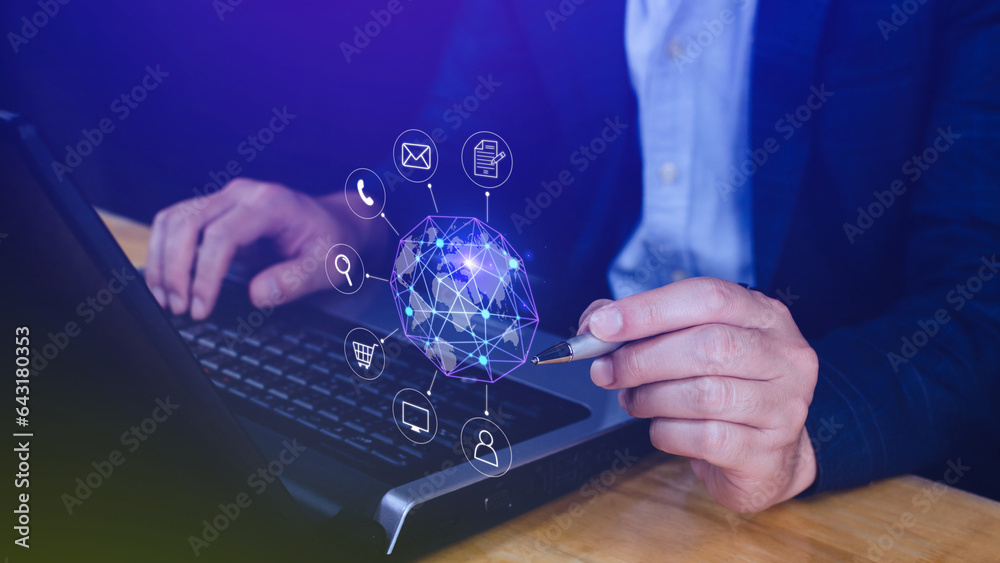 Fototapeta premium Businessman touching Global network connection digital business hologram, Big data analytics and business intelligence concept, Infograph, technology.
