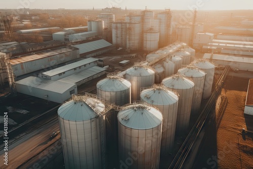 an industrial area with several large metal tanks in the foregrounds at sunset, aerial view from above - stock pictures