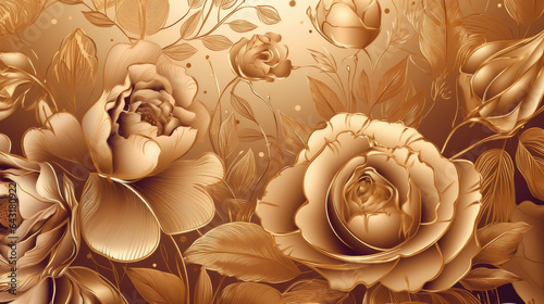 Luxury gold floral background vector. Golden gradient Roses and peonies flower line art wallpaper design for prints, cover, wall arts, greeting card, wedding cards, invitation.