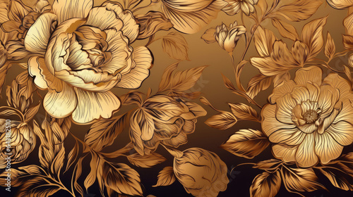 Luxury gold floral background vector. Golden gradient Roses and peonies flower line art wallpaper design for prints, cover, wall arts, greeting card, wedding cards, invitation.
