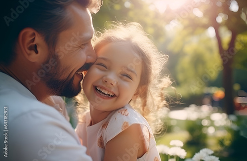 Little laughing girl in the arms of a happy father, Close up