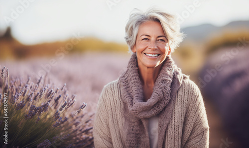 ältere attraktive Frau in der Natur mit Lavendel