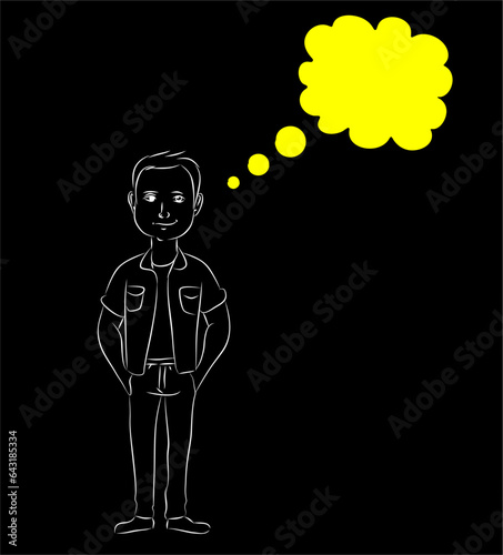 CARTOON ILLUSTRATION MAN WITH HAND IN POCKET AND THOUGHT BUBBLE ON BLACK BACKGROUND