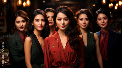 beautiful asian woman in elegant wear posing with a beautiful asian women and smile
