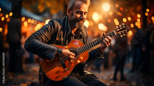 man with beard playing electric guitar in the street, original photoset
