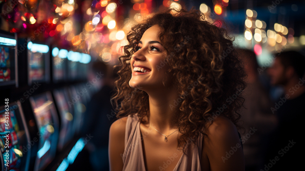 beautiful girl playing slot machine at the casino