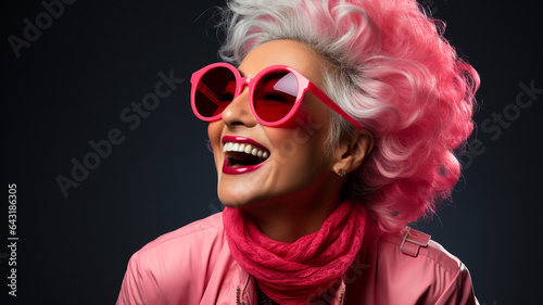 senior woman in sunglasses and wig