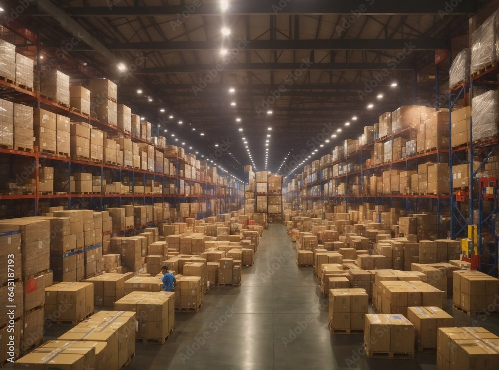 A large import-export warehouse filled with crates of goods boxes and containers logistics industry A large import-export warehouse filled with crates of goods boxes and containers logistics industry