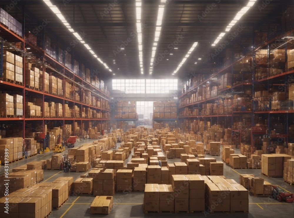 A large import-export warehouse filled with crates of goods boxes and containers logistics industry A large import-export warehouse filled with crates of goods boxes and containers logistics industry
