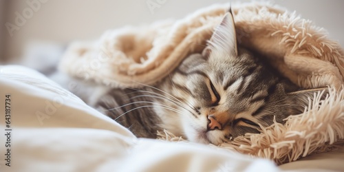 AI Generated. AI Generative. Cozy funny cat sleeping under warm blanket. Home chill background. Graphic Art