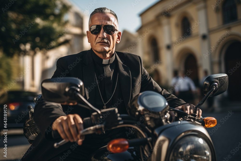 a cool priest looking at the camera on his motorcycle
